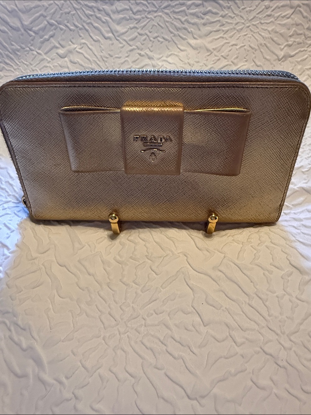 Prada Champagne Metallic Bow Zip Wallet
